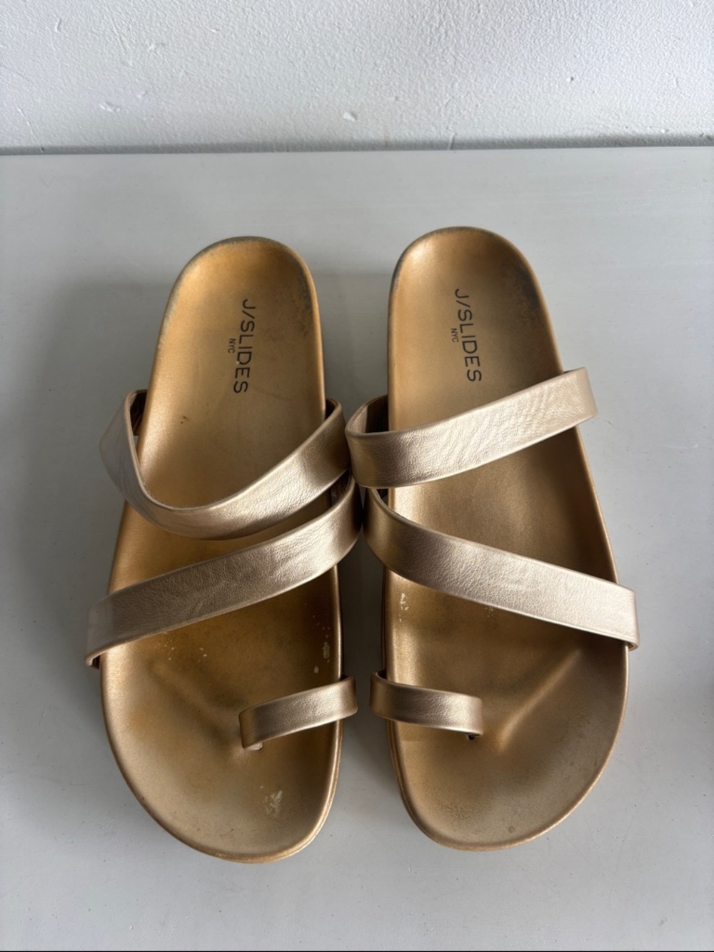 J/Slides Gold Metallic Triple-Strap Slide Sandals - Picture 4 of 7